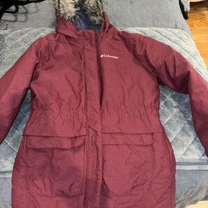 Columbia Women's Maroon Hooded Parka with Faux Fur Trim